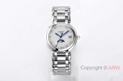 High Quality Replica LONGINES New Présence de Longines Moon Phase Ladies' Watch Stainless Steel Wave-Style Strap White With Roman Numerals & Moon Phase Function Face Dial Curved Stainless Steel Case Watch 30.5*9.4mm